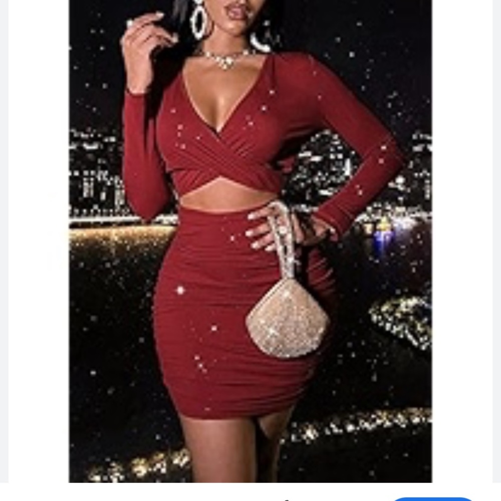 Red 0X Sparkly Cut Out Ruched Bodycon Long Sleeve Dress